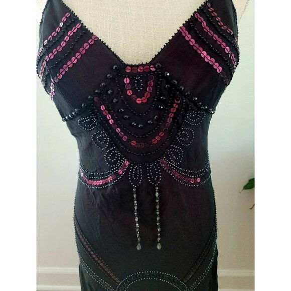 Sue Wong Vintage Black Pink Beaded Sequin Y2K 90s Silk Flapper V-Neck Dress 12 M - Picture 4 of 13